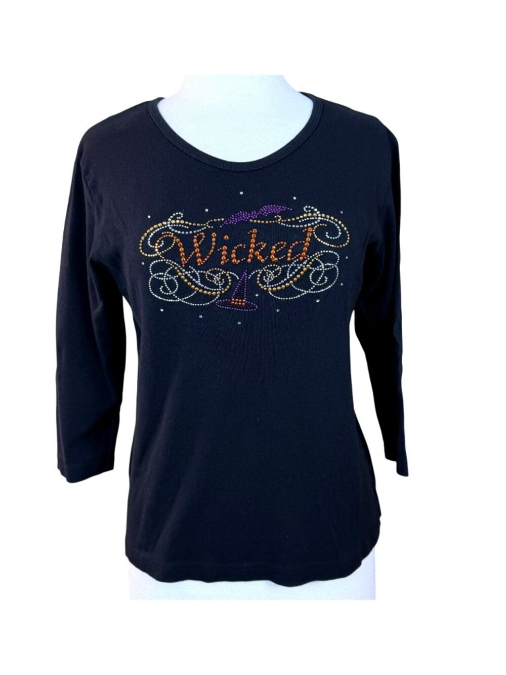 Cactus Bay Apparel 3/4 Sleeve Black Scoop Neck Embellished Studded WICKED Tee LG